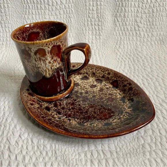 Fosters Pottery Cornwall Honeycomb Drip Glaze Cup/Mug & Saucer Plate Set - Picture 1 of 8
